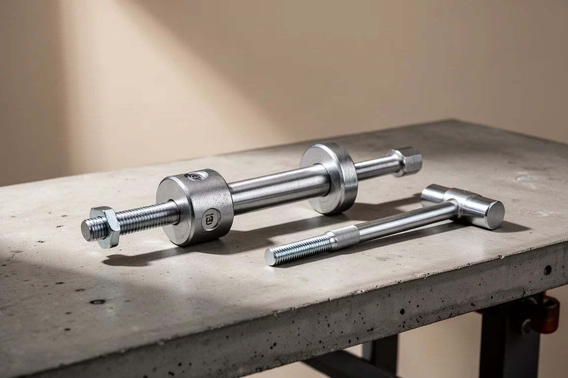 Heavy-duty slide hammer with a 10 lb weight resting on a workbench