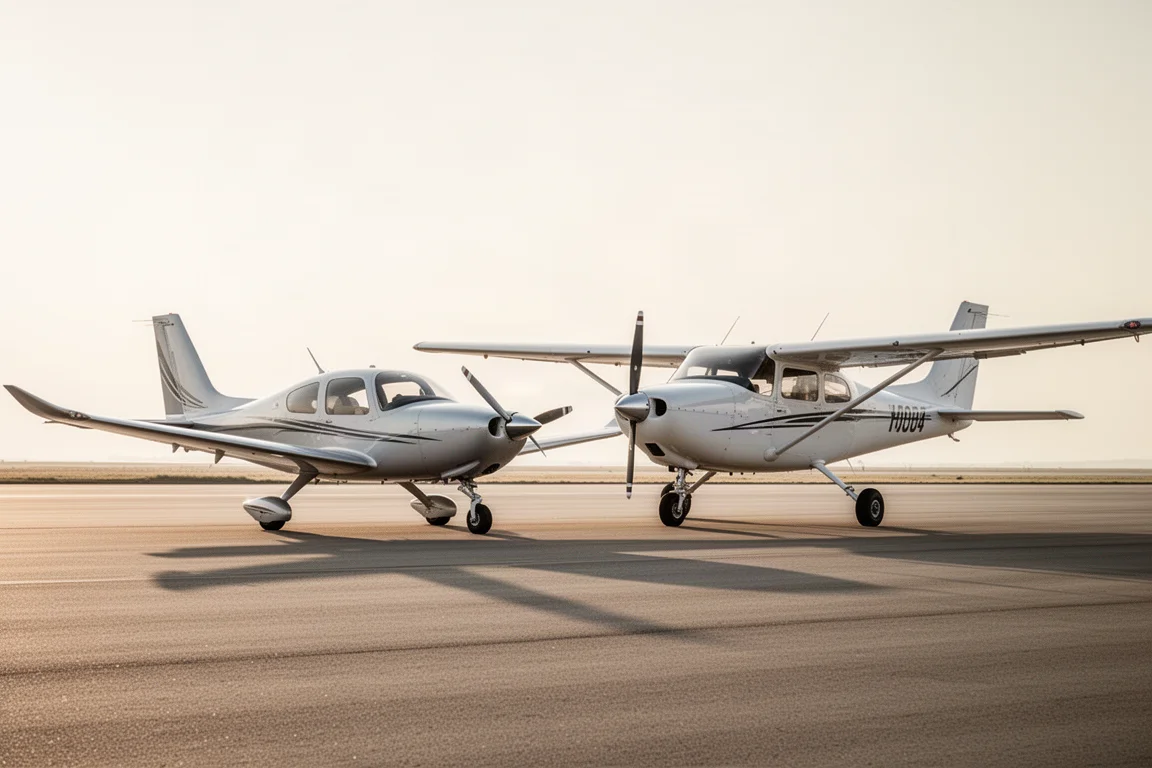 Sling TSI als Low-Wing und Sling High-Wing Viersitzer nebeneinander auf dem Vorfeld geparkt