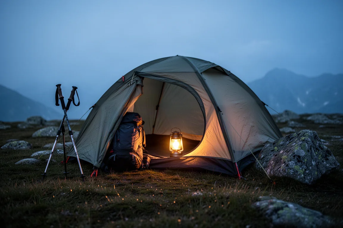 Beladenes Bikepacking-Fahrrad lehnt neben einem kleinen aufgestellten Zelt auf Gras im ersten Licht