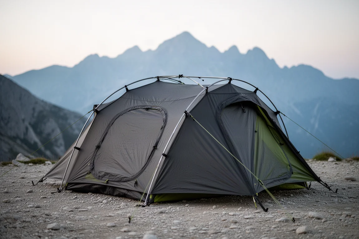 Low-profile two-person backpacking tent pitched with rainfly and two vestibules