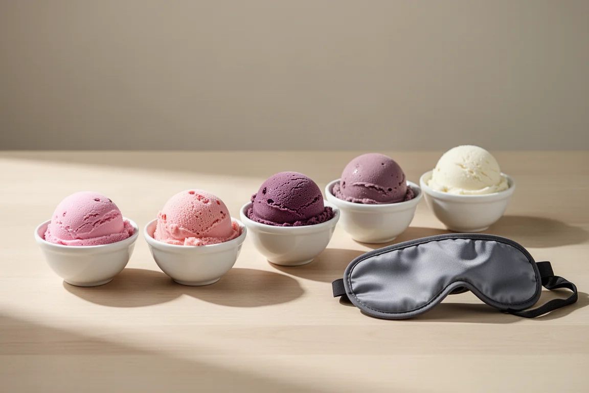 Scoops of pale pink ice cream in small tasting bowls on a wooden table