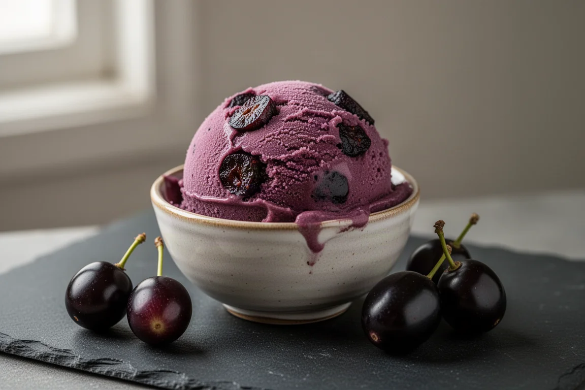 Deep purple ice cream scoop with visible dark fruit chunks in a ceramic bowl