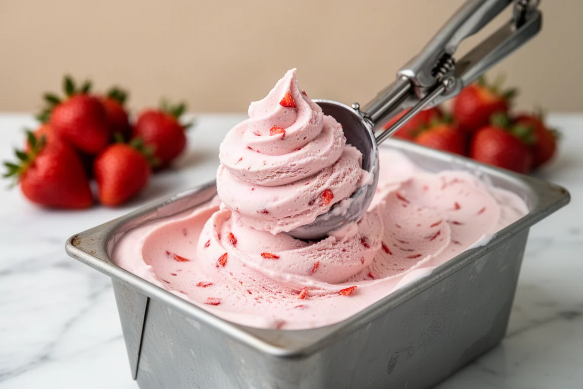 Strawberry ice cream being scooped from an open tub on a marble surface