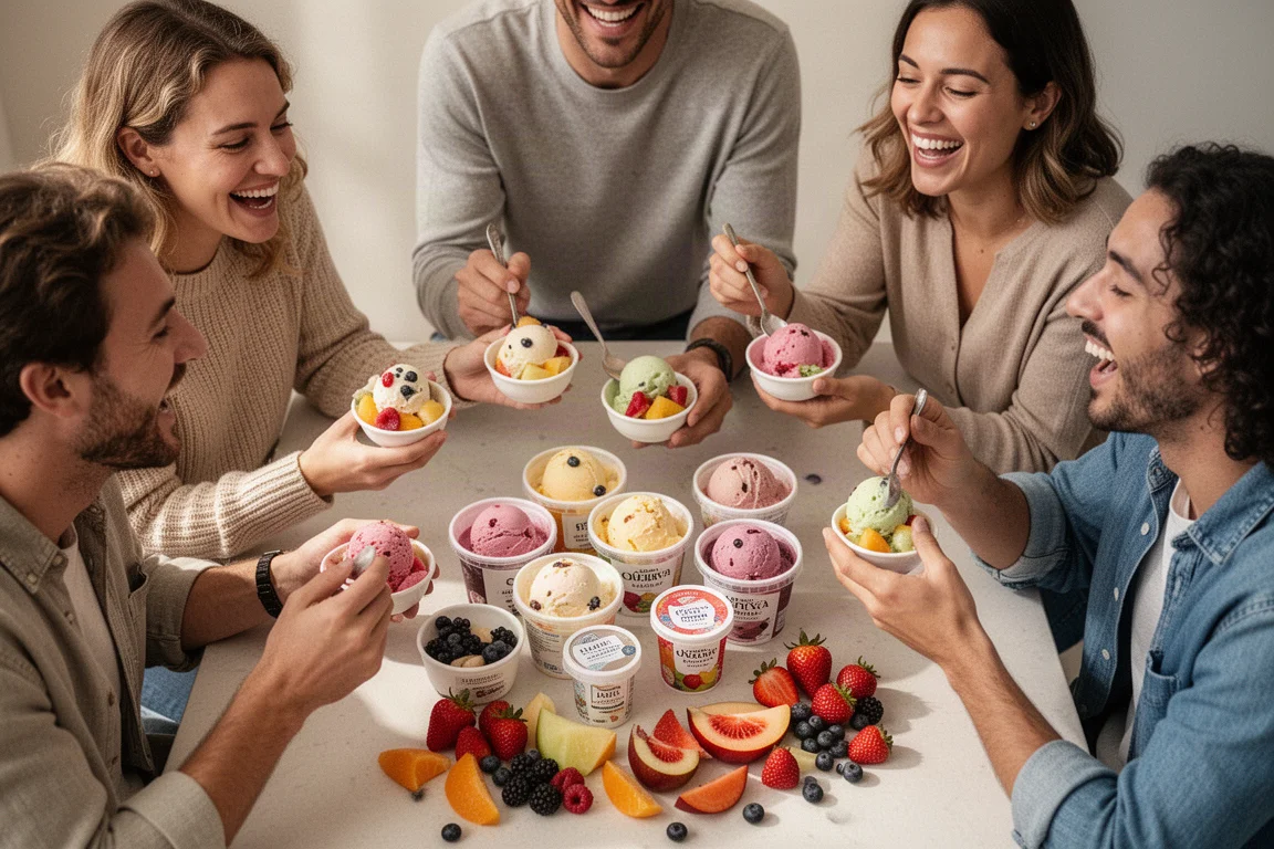 Group of friends tasting different ice cream flavors together around a table
