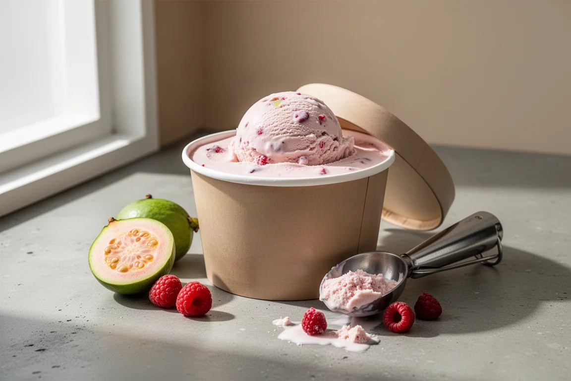 Open artisanal ice cream tub with a scoop and fresh fruit on a concrete surface