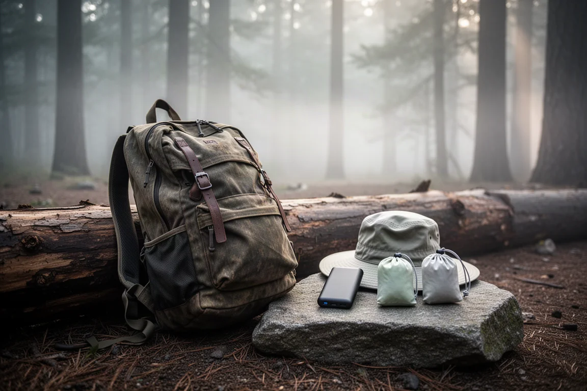 Ryggsäck och små prylar utlagda på en sten vid en skogs campingplats i morgonljus