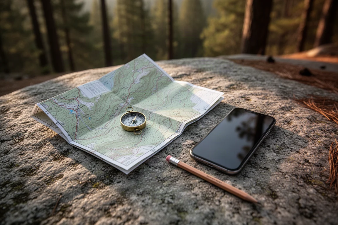 Planeringsscen vid leden med topografisk karta, kompass och telefon på granit