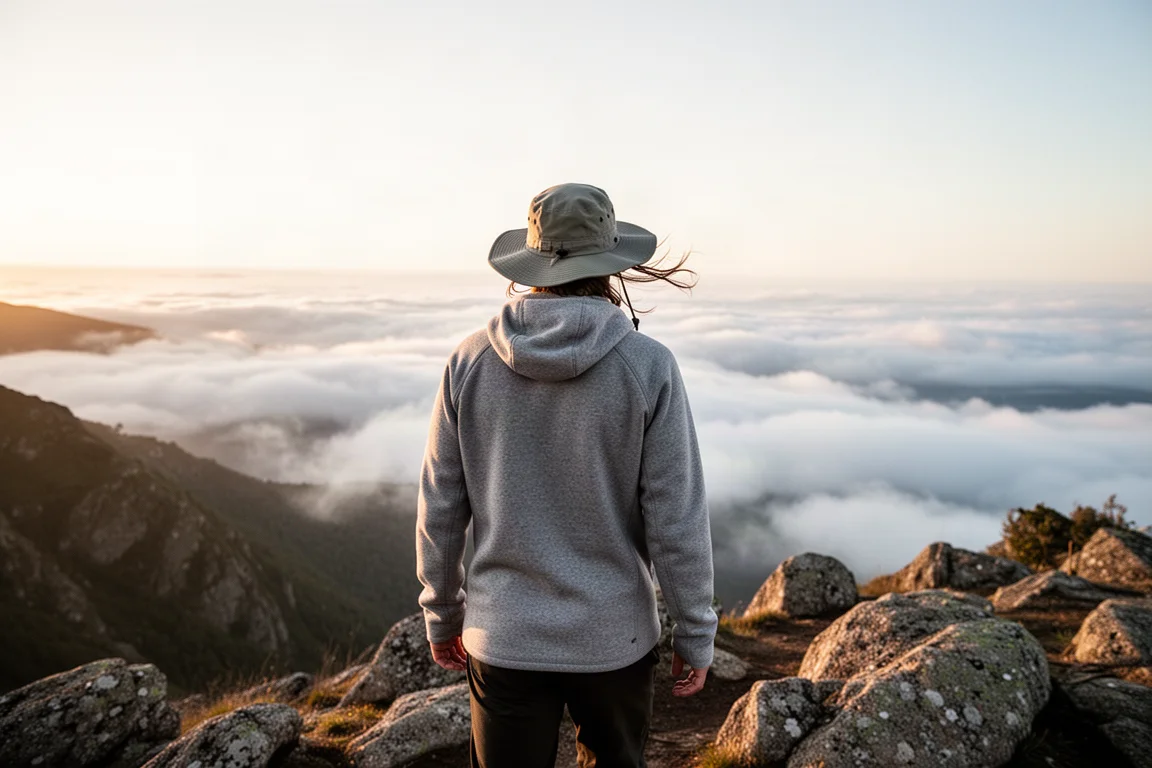 Vandrare i lätt fleecehoodie på en stenig kam ovanför molnen i soluppgången