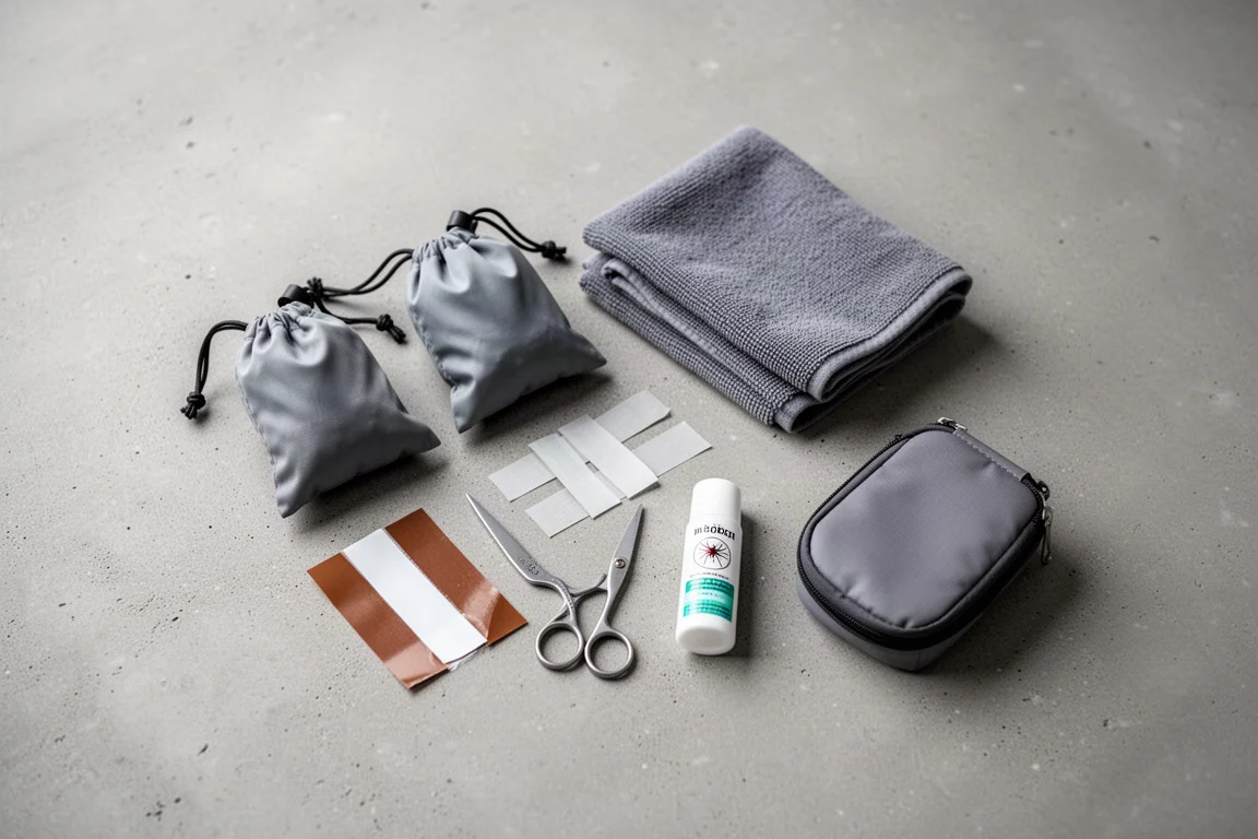 Ovanifrån liggande platt bild av små backpacking-essentials på en betongyta