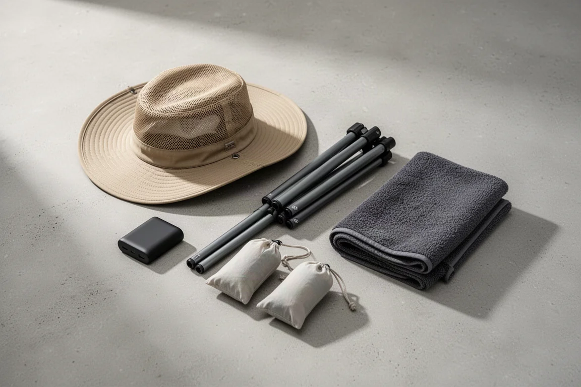 Piccoli essenziali da backpacking disposti su una superficie di cemento: cappello da sole in mesh, power bank, pali per tenda, sacche da stuff