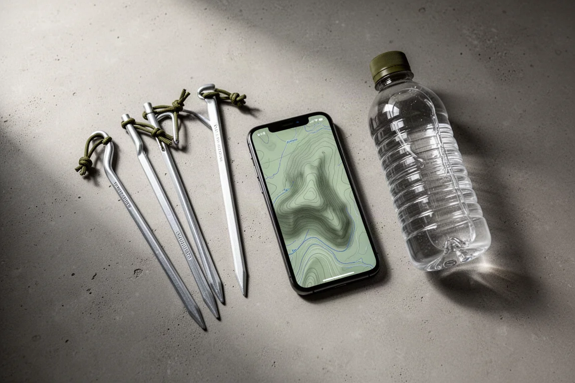 Tent stakes, a smartphone showing a map, and a plastic water bottle laid out on concrete