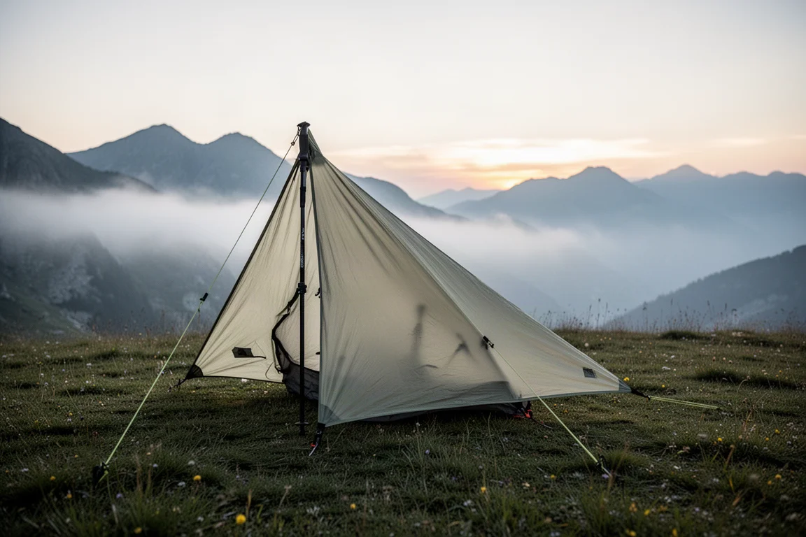 Refugio con bastón de trekking tensado sobre una pradera alpina a la luz del amanecer