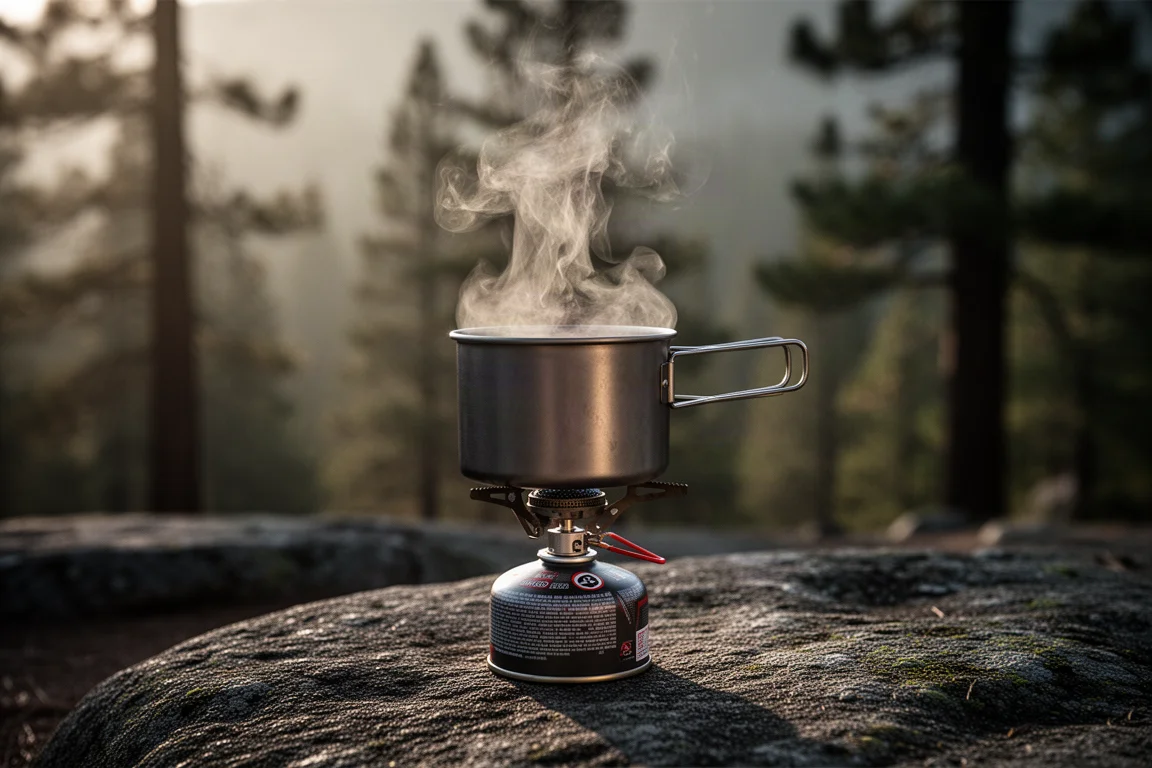 Primer plano del vapor que sale de una olla de titanio sobre un hornillo de campamento