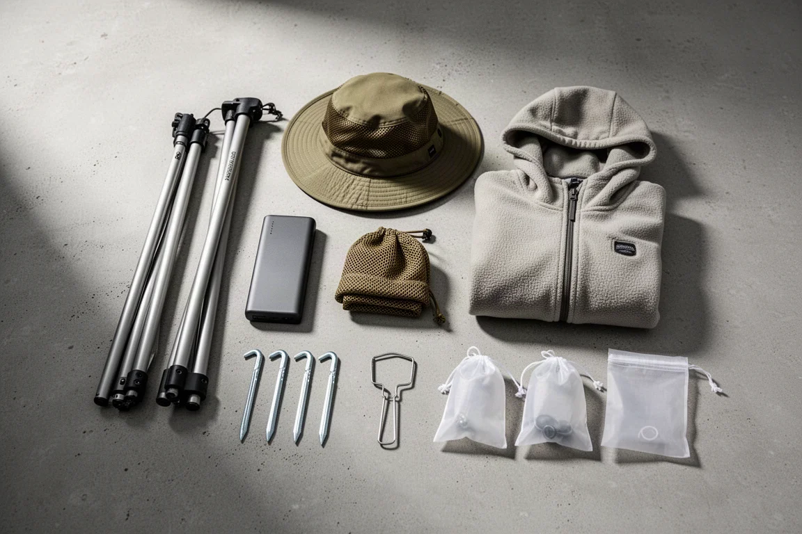 Disposizione dall'alto di piccoli accessori da backpacking tra cui pali per tenda, power bank, cappello, picchetti e sacche