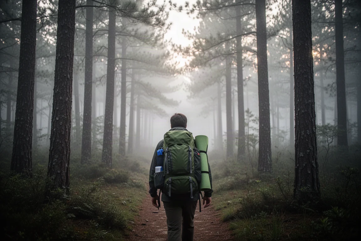 Backpacker walking a misty forest trail at dawn with a loaded pack