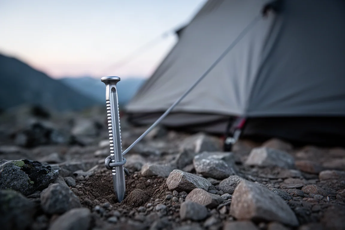 Aluminium tent stake driven into rocky ground beside a taut guy line