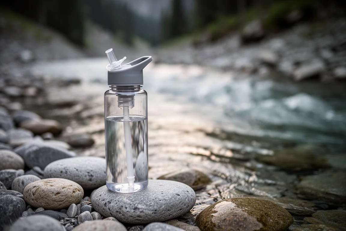 Water filter attached to a plastic bottle on river stones by a stream