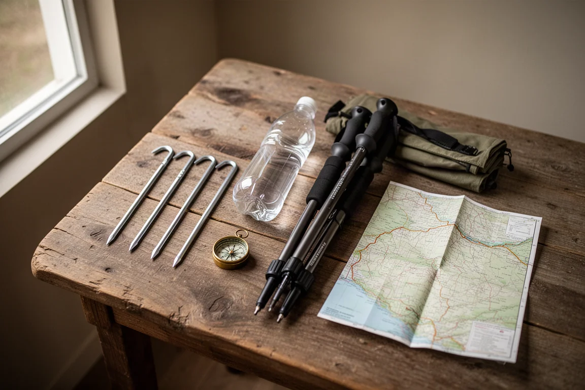 Overhead flat lay of backpacking gear on a weathered wooden table