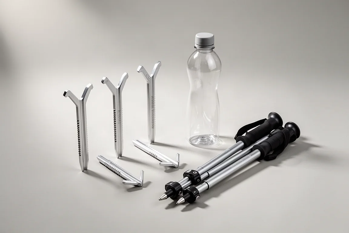 Aluminium tent stakes, a clear water bottle, and folded trekking poles on a grey backdrop