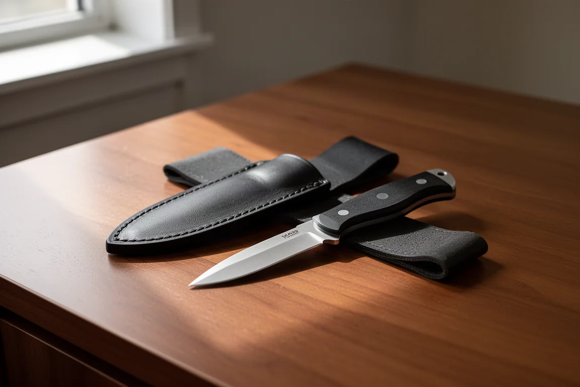 Piccolo coltello a lama fissa che riposa in un fodero di cuoio cucito su una scrivania in legno