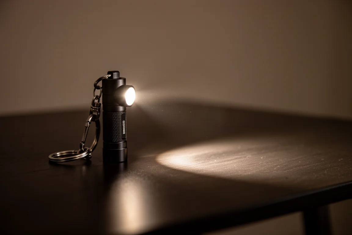 Piccolissima torcia portachiavi che proietta un fascio luminoso su un tavolo buio di notte