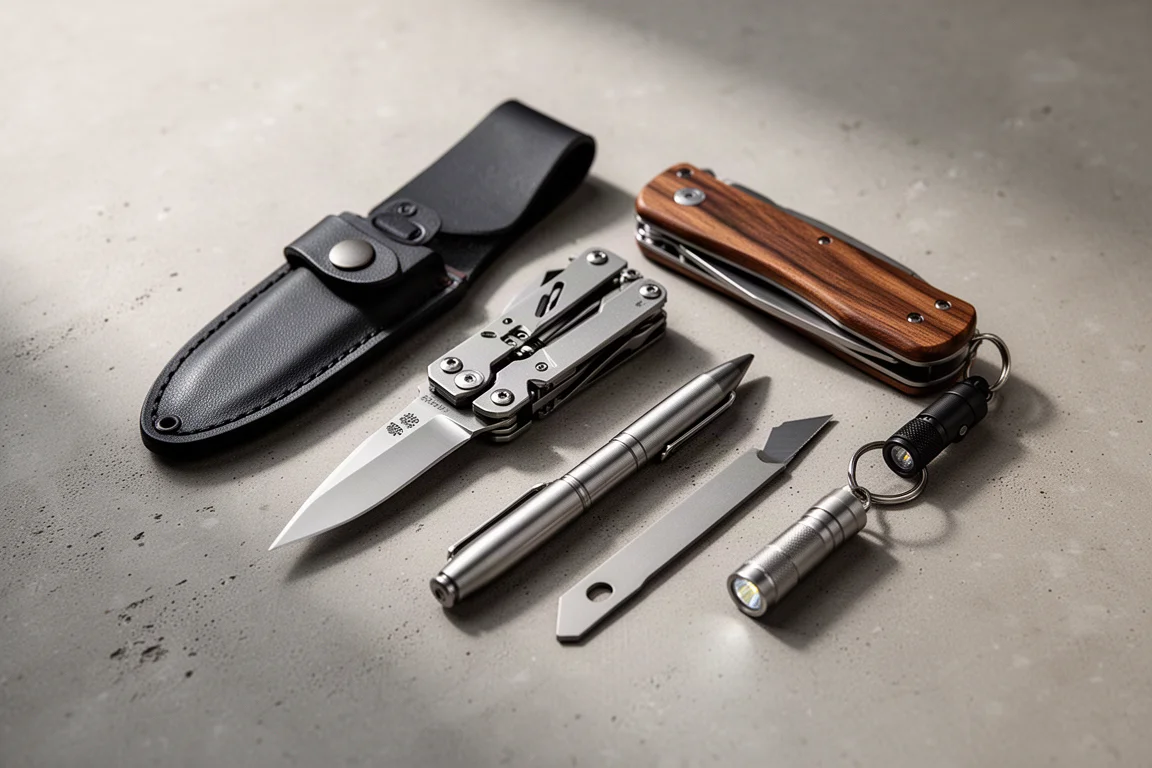 Flat-lay of compact EDC tools including a knife, multi-tool, pen, pry bar, utility knife, and flashlights on concrete