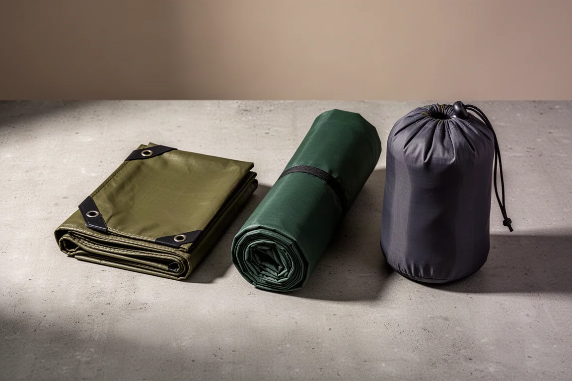 Three folded camping tarps arranged on a concrete surface for a shelter comparison