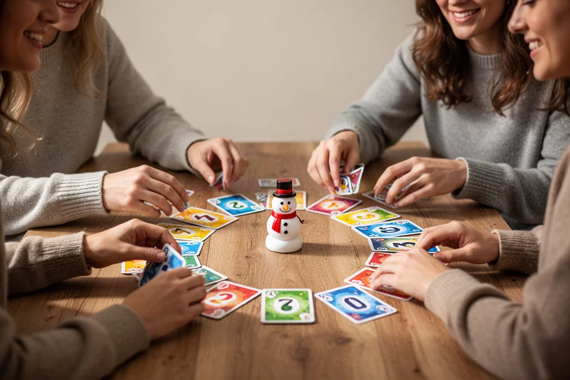 Players gathered around a table with colorful cards and a small snowman token