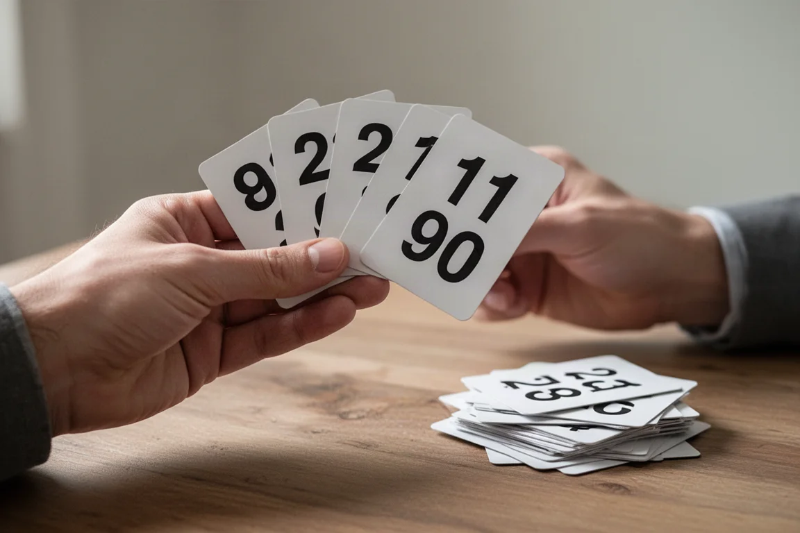 Close-up of a player's hand holding double-digit number cards