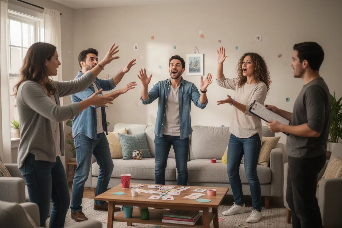 People acting out a scene in a living room during a party game