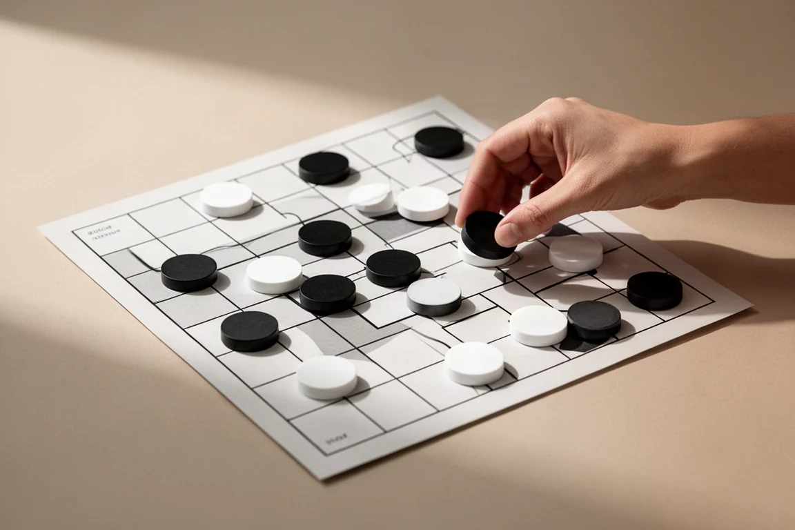 Abstract game board with black and white pieces being moved by a player