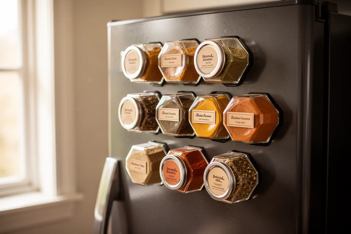 Hexagonal spice jars arranged in a honeycomb pattern on a fridge door