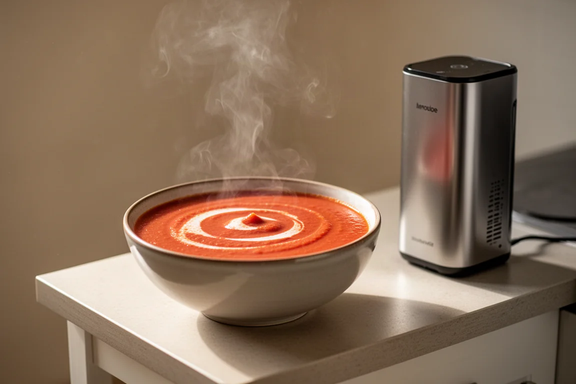 A steaming bowl of smooth tomato soup beside a compact kitchen appliance