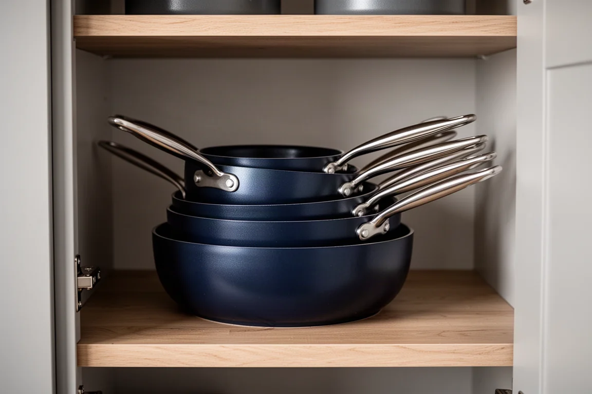 Frying pans stacked neatly inside each other in a narrow cupboard