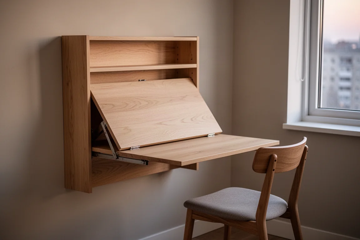 A wooden wall-mounted table folded down into a dining position