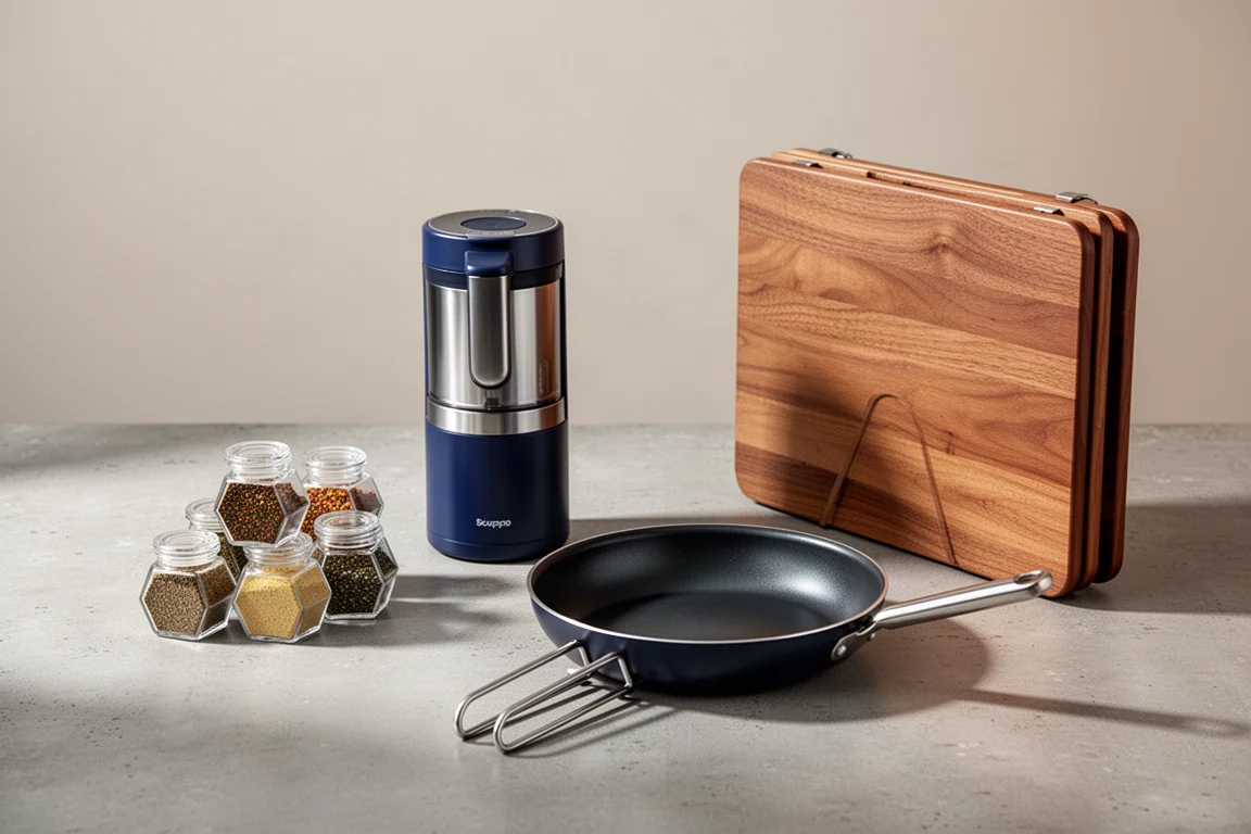 Four compact space-saving kitchen gadgets arranged on a concrete surface