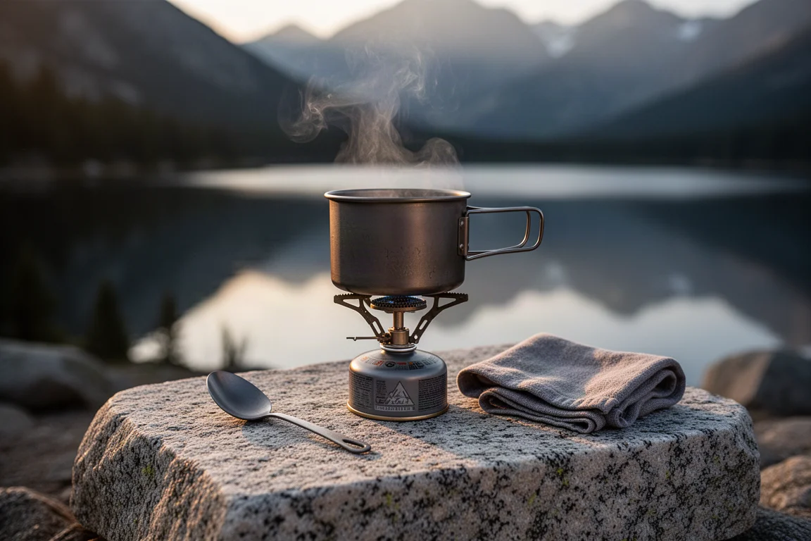 Pequeña cocina de campamento sobre una losa de granito al amanecer con una olla de titanio en un hornillo