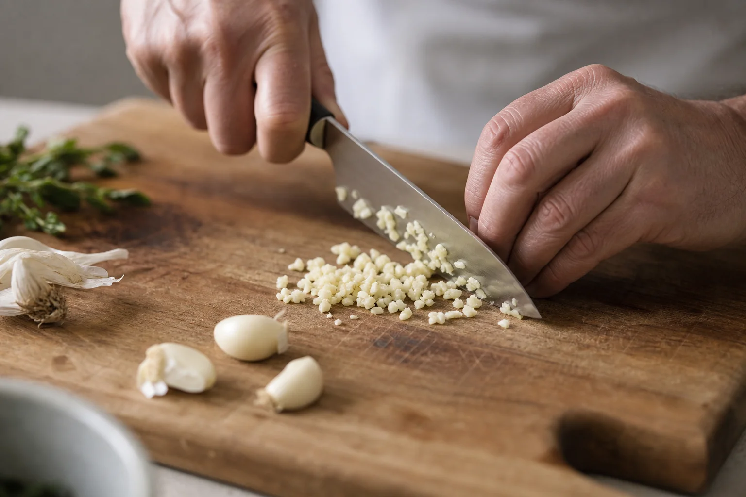 Chef's hands chopping fresh garlic cloves on a wooden cutting board