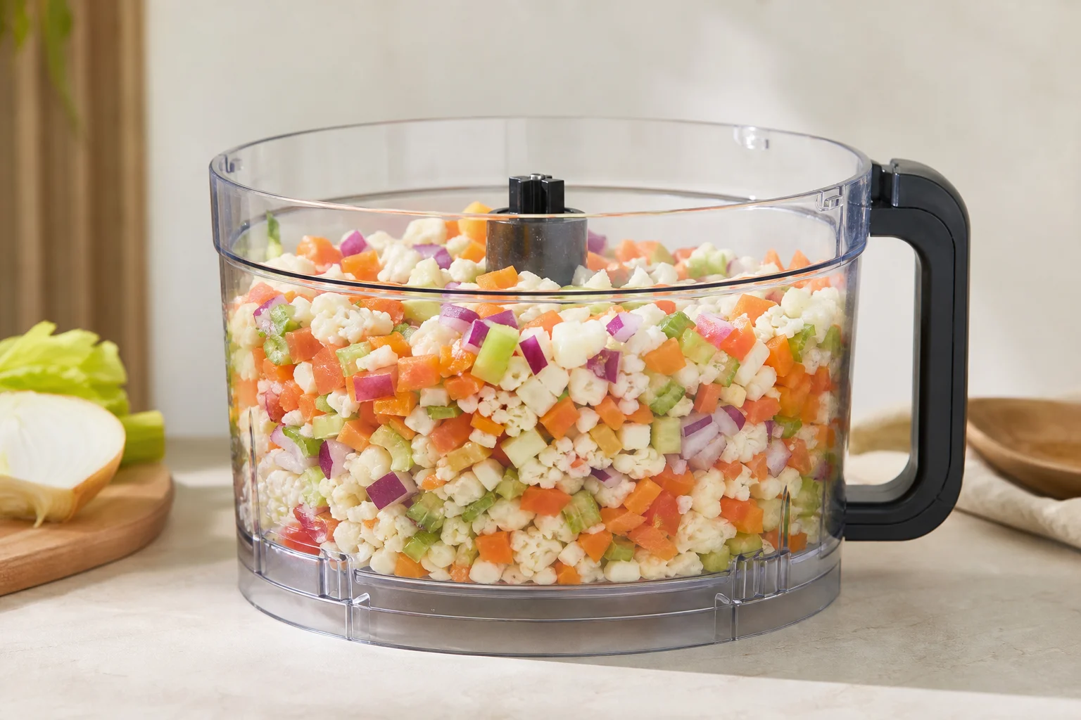 Large food processor bowl filled with diced vegetables including carrots, celery, and onions