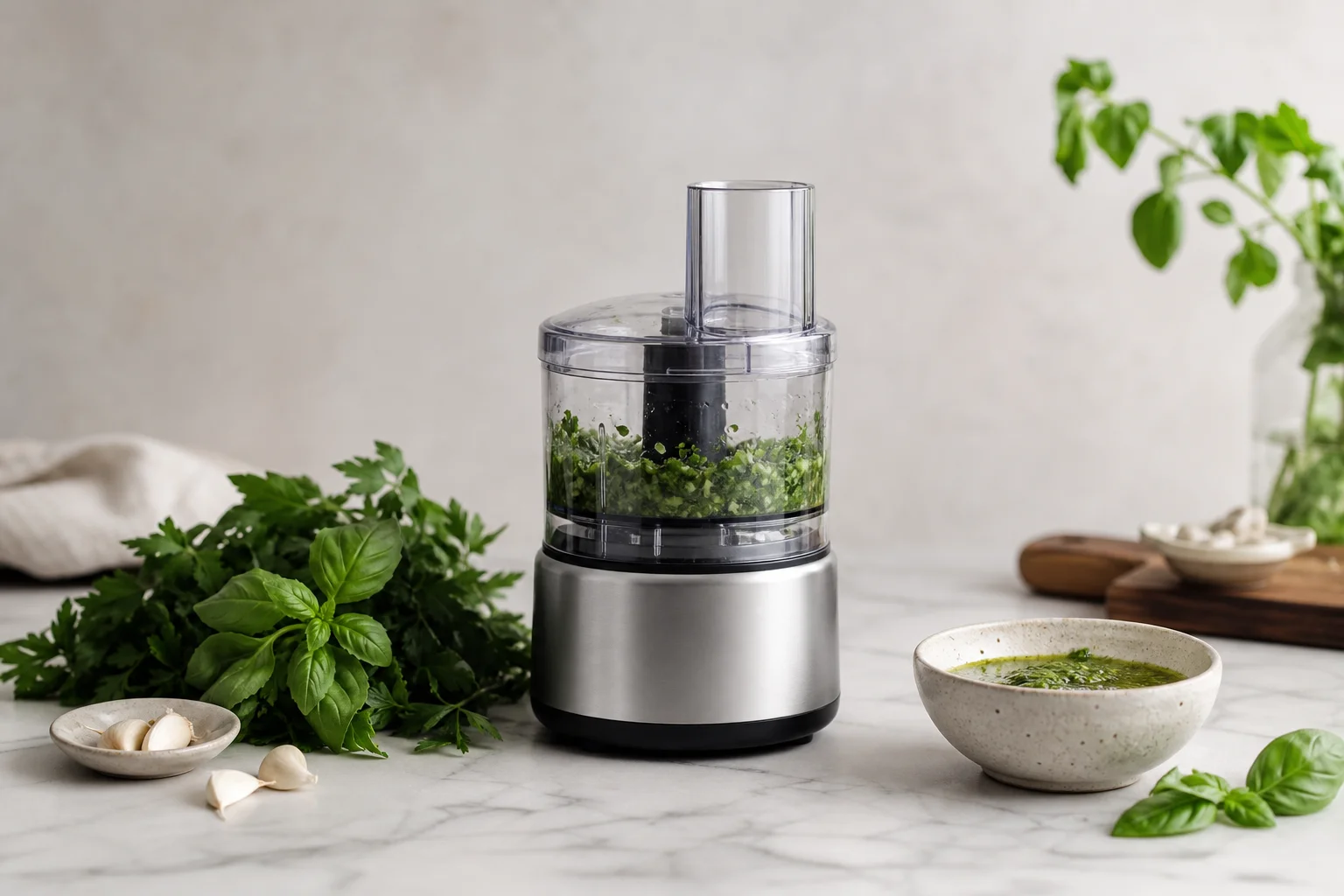 Small food processor with fresh herbs and garlic cloves arranged nearby on a marble surface