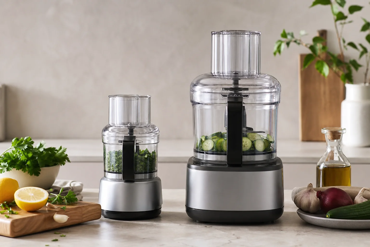 Kitchen counter with both small and large food processors positioned next to each other