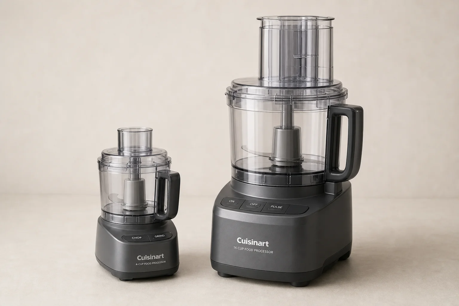 Small and large Cuisinart food processors side by side showing size comparison