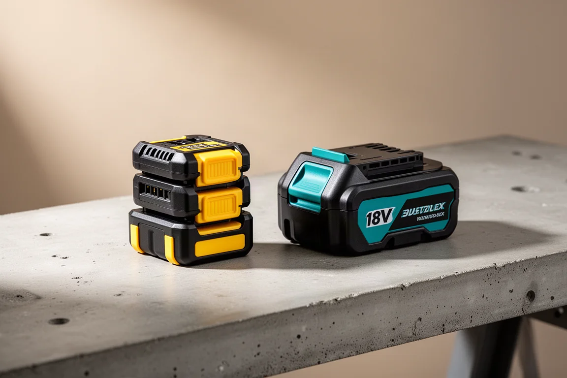 Compact DeWalt-style battery pack and Makita-style 18V battery side by side on concrete