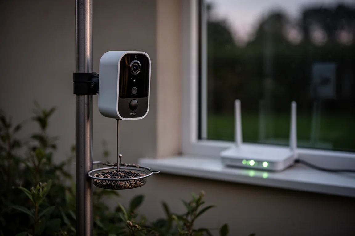 Smart bird feeder mounted on a pole in a garden with a router visible in the background