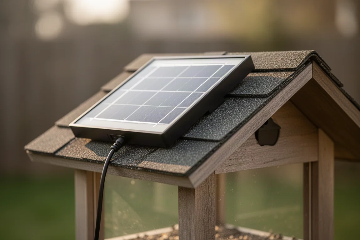 Solar panel attached to a bird feeder roof charging in soft afternoon light