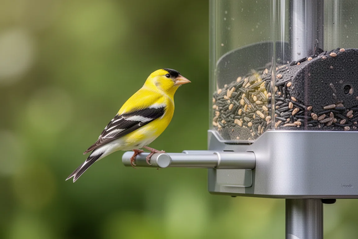 Bird identification interface showing a goldfinch at a feeder, screen softly abstracted