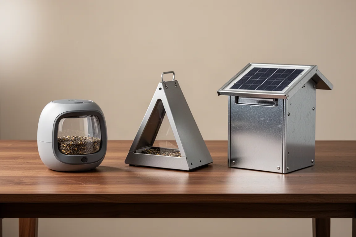 Three different smart bird feeder designs arranged side by side on a table