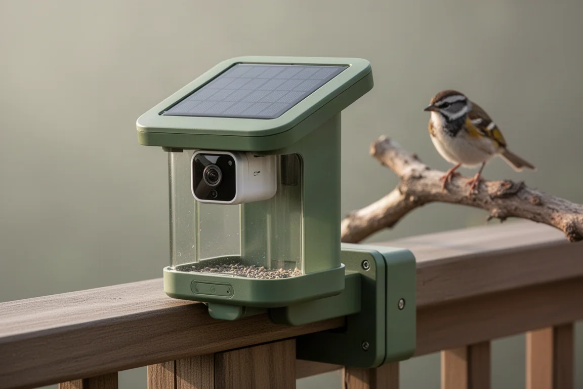 Modern smart bird feeder with solar panel on a wooden deck rail in morning light