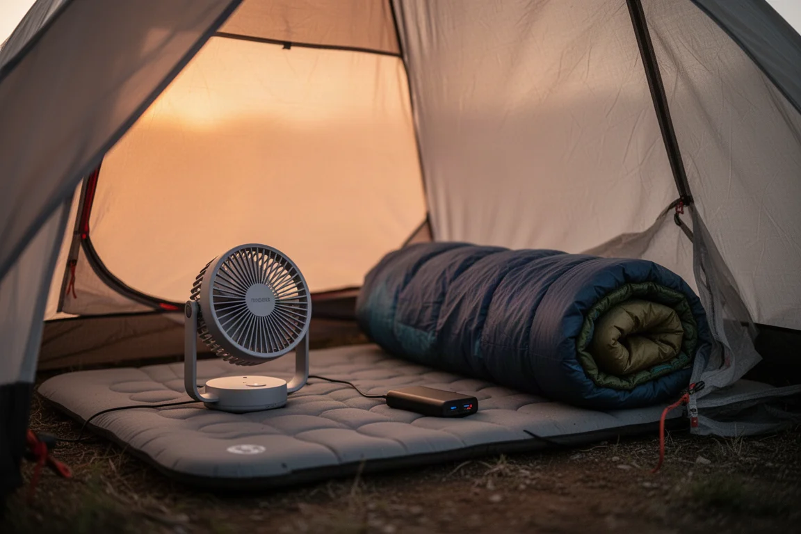Compact portable fan on a sleeping pad inside a tent lit at dusk