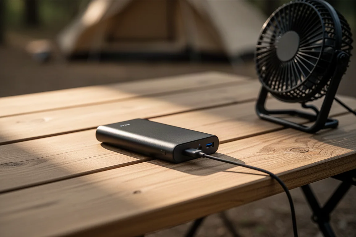 Power bank connected to a portable fan on a wooden camp table